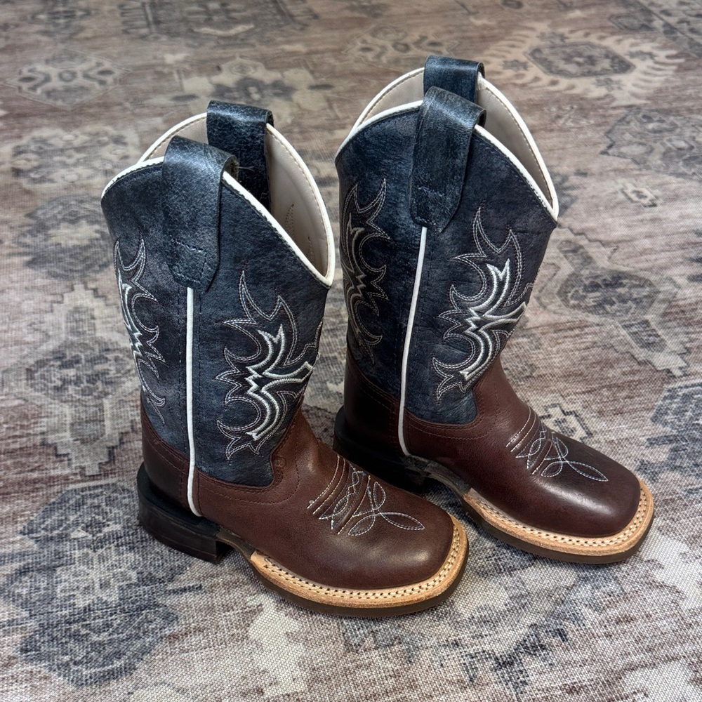 Old West Kids Boots in Brown and Blue with rounded square toe
